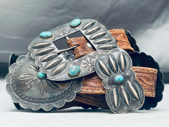 Early 1900's Vintage Native American Navajo Hand Tooled Sterling Silver Turquosie Concho Belt-Nativo Arts