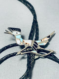 Best Vintage Native American Zuni Blue Gem Turquoise Sterling Silver Roadrunner Bolo Tie-Nativo Arts