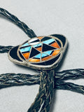 Most Detailed Vintage Native American Navajo Turquoise Spiny Oyster Jet Sterling Silver Bolo Tie-Nativo Arts