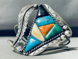 Jaw Dropping Fab Vintage Native American Navajo Turquoise Inlay Sterling Silver Leaf Bracelet-Nativo Arts