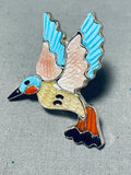 Marvelous Native American Zuni Signed Blue Gem Coral Inlay Silver Hummingbird Huge Ring-Nativo Arts