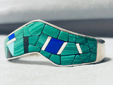 Jasper John Vintage Native American Navajo Malachite Lapis Sterling Silver Inlay Bracelet-Nativo Arts