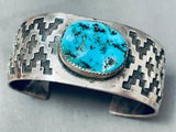 Hand Tooled Geomtric Vintage Native American Navajo Turquoise Sterling Silver Bracelet-Nativo Arts