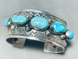 Signed Vintage Native American Navajo Old Kingman Turquoise Sterling Silver Bracelet-Nativo Arts