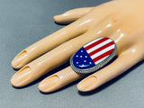 Calvin Desson Native American Navajo Coral Lapis Sterling Silver American Flag Ring-Nativo Arts