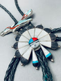 Most Unique Vintage Native American Zuni Turquoise Inlay Sterling Silver Bolo Tie-Nativo Arts