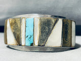 7.5 Inch Wrist Vintage Native American Navajo Turquoise Inlay Sterling Silver Bracelet Cuff-Nativo Arts