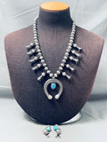Design On Beads Vintage Native American Navajo Turquoise Sterling Silver Squash Blossom Necklace