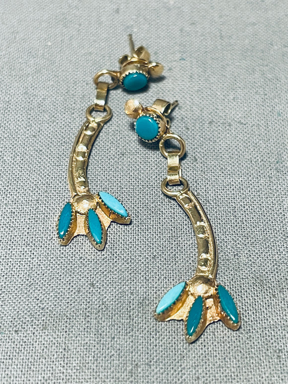 Solid 14k Gold Vintage Zuni Green Turquoise Earrings-Nativo Arts