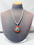 Dazzling Vintage Signed Native American Navajo Pilot Mountain Turquoise Corals Silver Necklace-Nativo Arts