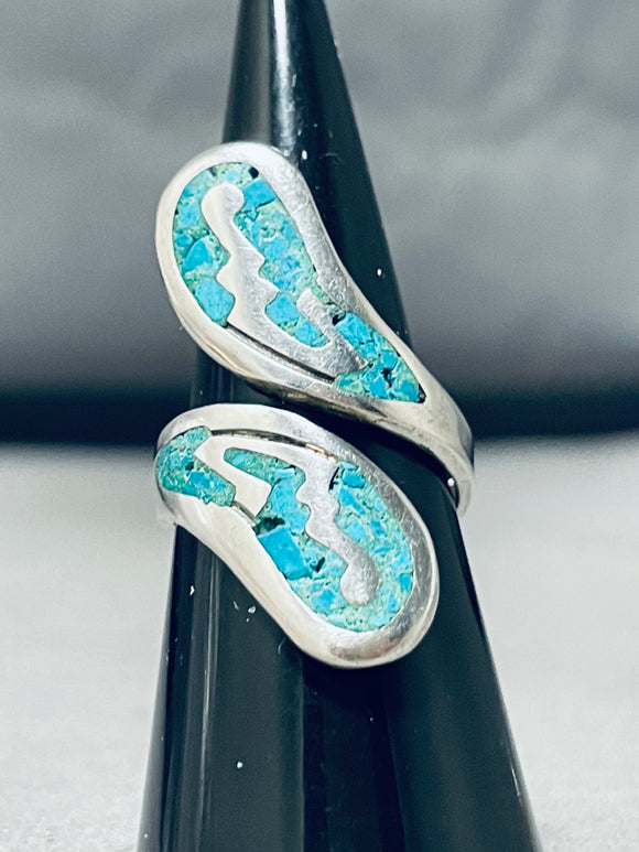 Timeless Native American Navajo Signed Turquoise Chip Inlay Sterling Silver Wrap Around Ring-Nativo Arts