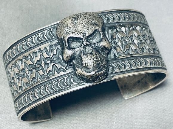Heavy Skull Vintga Enavajo Sterling Silver Bracelet Cuff 85 Grams-Nativo Arts