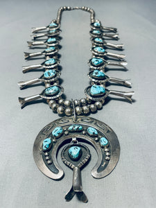 272 Gram Vintage Native American Navajo Turquoise Sterling Silver Squash Blossom Necklace-Nativo Arts