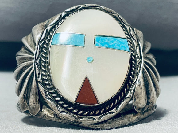 Native American Kachina Head Vintage Navajo Turquoise Inlay Sterling Silver Bracelet Old-Nativo Arts