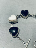 Pretty Vintage Native American Navajo Jet & Shell Sterling Silver Heart Link Bracelet-Nativo Arts