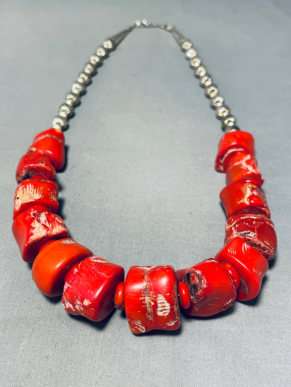 Chunky Dunky 126 Grams Coral Native American Navajo Sterling Silver Necklace-Nativo Arts
