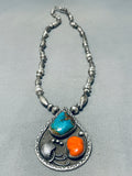 Tremendous Vintage Native American Navajo Kingman Turquoise & Coral Sterling Silver Necklace-Nativo Arts