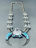 Snow Owl Vintage Native American Zuni Turquoise Inlay Sterling Silver Squash Blossom Necklace-Nativo Arts