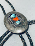 Rare Vintage Native American Navajo Morenci Turquoise Sterling Silver Shadowbox Bolo-Nativo Arts