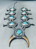 347 Grams Vintage Native American Navajo Turquoise Sterling Silver Squash Blossom Necklace-Nativo Arts