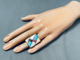 One Of The Biggest Vintage Native American Navajo Turquoise Inlay Sterling Silver Ring-Nativo Arts