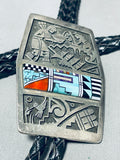 One Of The Best Vintage Native American Navajo Turquoise Inlay Sterling Silver Bolo Tie-Nativo Arts