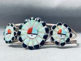 Detailed Vintage Native American Navajo Opal Inlay Sterling Silver Sun Bracelet