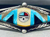 Woah! Vintage Native American Zuni Detailed Inlay Turquoise Sterling Silver Sun Bracelet-Nativo Arts