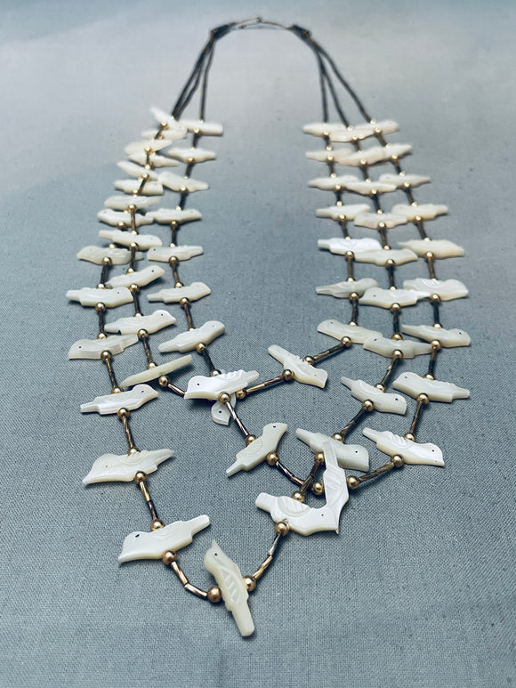 Stunning Vintage Native American Navajo Mother Of Pearl Sterling Silver Bird Fetish Necklace-Nativo Arts