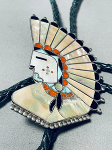 One Of The Best Ever Vintage Native American Zuni Chief Turquoise Inlay Sterling Silver Bolo Tie-Nativo Arts