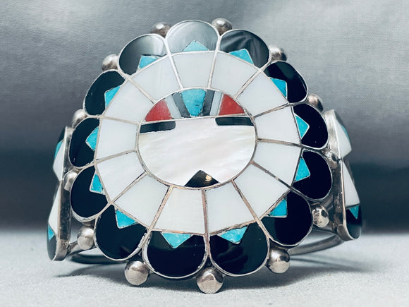 Heavy Huge Vintage Native American Zuni Inlay Sterling Silver Sun Bracelet-Nativo Arts