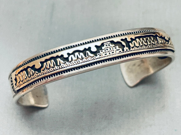 Detailed Hand Carved Vintage Native American Navajo Sterling Silver Gold Bracelet-Nativo Arts
