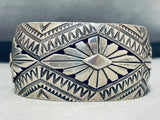 Hypnotic Vintage Native American Navajo Sterling Silver Geometric Handcarvings Huge Bracelet-Nativo Arts