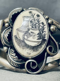Hand Carved Pottery!!! Vintage Native American Navajo Sterling Silver Bracelet Old-Nativo Arts