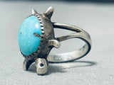 Adorable Vintage Native American Navajo Blue Gem Turquoise Sterling Silver Turtle Ring-Nativo Arts