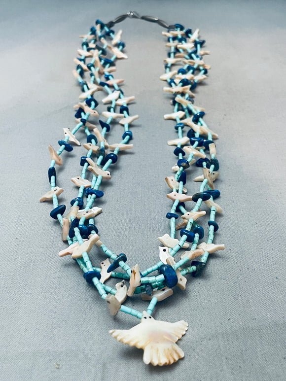 Incredible Vintage Native American Navajo Turquoise Bird Fetish Sterling Silver Necklace-Nativo Arts