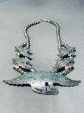 Nezzie Vintage Native American Navajo Eagle Turquoise Inlay Sterling Silver Necklace-Nativo Arts