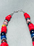 Chunky Native American Navajo Coral Disc Sterling Silver Beaded Necklace-Nativo Arts