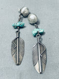 Intricate Feather Vintage Native American Navajo Turquoise Sterling Silver Earrings-Nativo Arts