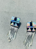 Dazzling Vintage Native American Zuni Inlay Opal Jet Square Sterling Silver Earrings-Nativo Arts