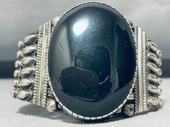 104 Grams Heavy Huge Vintage Native American Navajo Onyx Sterling Silver Bracelet-Nativo Arts