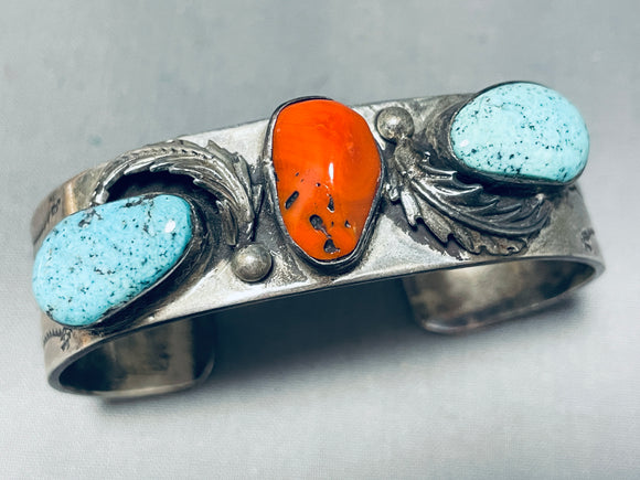 Awesome Vintage Native American Navajo 2 Morenci Turquoise Coral Sterling Silver Bracelet-Nativo Arts