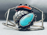 Superior Vintage Native American Navajo Blue Turquoise Leaf Sterling Silver Bracelet Cuff Old-Nativo Arts