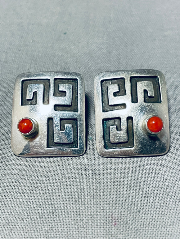 Impressive Signed Vintage Native American Navajo Corals Sterling Silver Square Don Chee Earrings-Nativo Arts