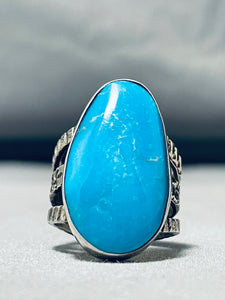Huge San Felipe Sterling Silver Stamped Deep Blue Turquoise Ring-Nativo Arts