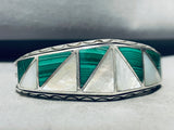 6.5 Inch Wrist Best Vintage Native American Navajo Malachite Pearl Sterling Silver Bracelet-Nativo Arts