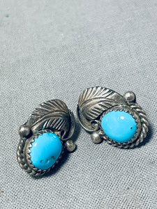 Leaf And Water Vintage Native American Navajo Blue Turquoise Sterling Silver Earrings-Nativo Arts