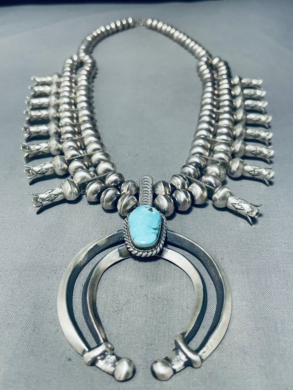 229 Gram Dropdead Fab Native American Navajo Turquoise Sterling Silver Squash Blossom Necklace-Nativo Arts