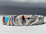 Detailed Bear Vintage Navajo Turquoise Bear Inlay Sterling Silver Bracelet-Nativo Arts