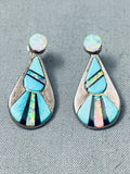 Detailed Vintage Navojo Opal Turquoise Inlay Sterling Silver Earrings-Nativo Arts